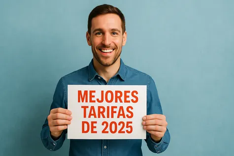 Hombre con el cartel de mejores tarifas de 2025