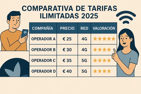 Ilustración sobre comparativa de tarifas ilimitadas en la que dos personas evalúan diferentes aspectos a tener en cuenta.
