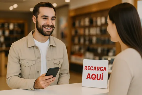Hombre recargando su móvil en tienda junto a una dependienta