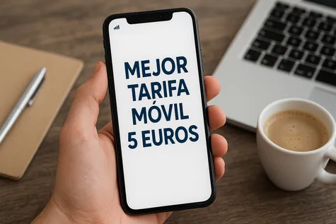 Mano sosteniendo un móvil con el mensaje “Mejor tarifa móvil 5 euros” en pantalla, junto a una taza de café, un portátil y una libreta sobre una mesa de madera.