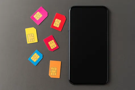 Teléfono móvil negro rodeado de tarjetas SIM de diferentes colores sobre fondo gris. simbolizando la variedad y elección entre los mejores OMV España.