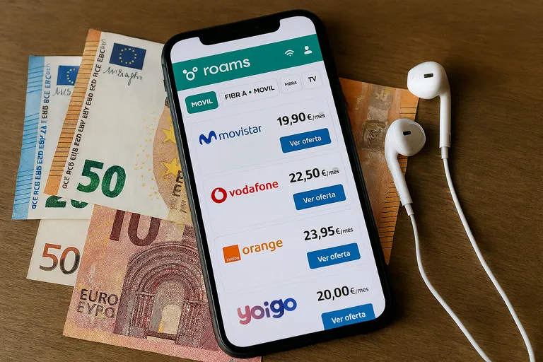 Imagen en la que se muestran varios operadores y precios en la pantalla de un móvil junto a unos billetes evocando la búsqueda de ofertas en tarifas con datos ilimitados.