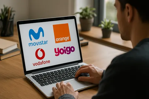 Persona investigando en portátil con logos de Movistar, Orange, Vodafone y Yoigo en pantalla.