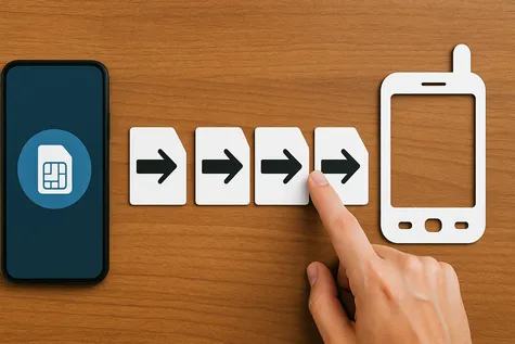 Mano señalando una tarjeta SIM con flechas en secuencia entre un smartphone moderno y uno antiguo, simbolizando el proceso de portabilidad entre operadores móviles.