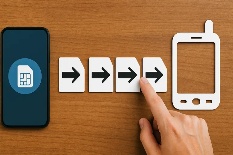 Mano señalando una tarjeta SIM con flechas en secuencia entre un smartphone moderno y uno antiguo, simbolizando el proceso de portabilidad entre operadores móviles.