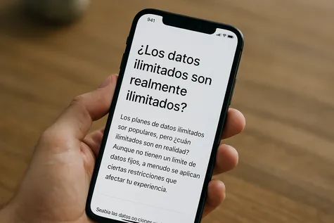 Persona sosteniendo un smartphone que muestra un artículo titulado "¿Los datos ilimitados son realmente ilimitados?", abordando dudas sobre las restricciones de los planes de datos móviles ilimitados.