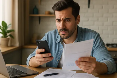 Hombre preocupado revisando una factura de teléfono móvil mientras consulta su smartphone.