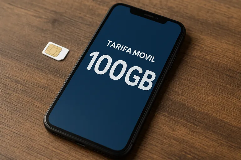 Smartphone sobre mesa de madera con pantalla que muestra “Tarifa móvil 100GB” junto a una tarjeta SIM.