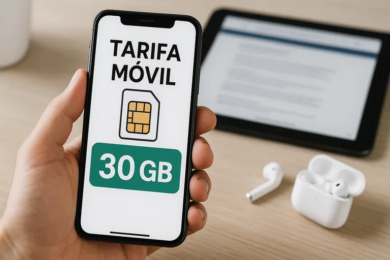 Persona sostiene un smartphone que muestra una tarifa móvil de 30 GB junto a unos auriculares y una tablet.
