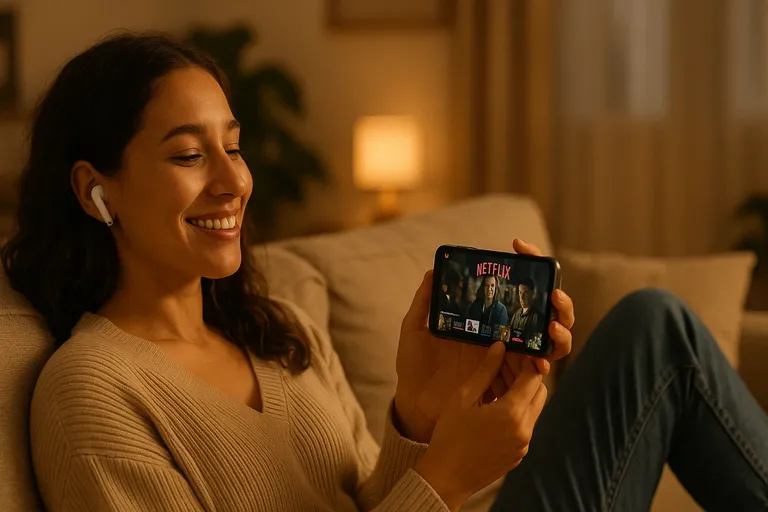 Mujer joven sonriendo mientras ve Netflix en su móvil desde el sofá de su casa, ilustrando una tarifa que combina datos y entretenimiento.
