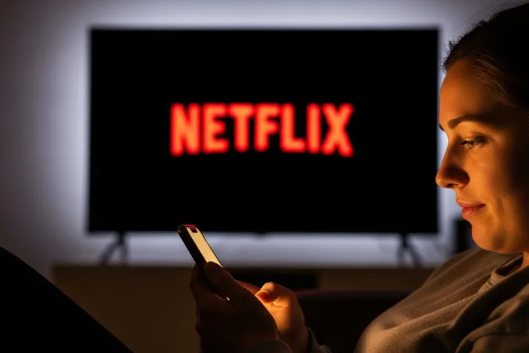 Mujer mirando el móvil con un televisor en el que se ve el logo de Netflix