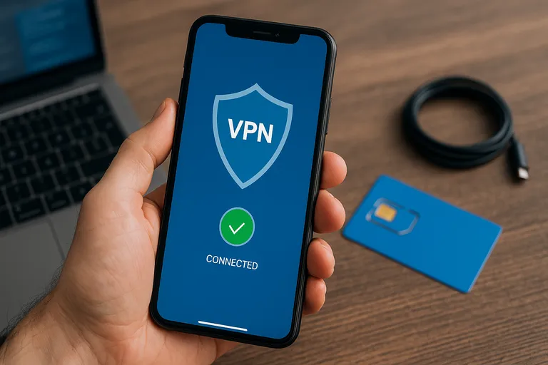 Mano sosteniendo un smartphone con una conexión VPN activa en la pantalla, junto a una tarjeta SIM sobre una mesa.