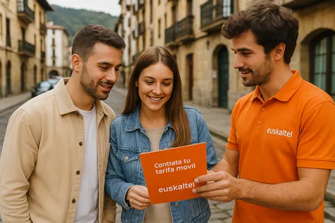Representante de Euskaltel mostrando tarifas móviles a una pareja en una calle.