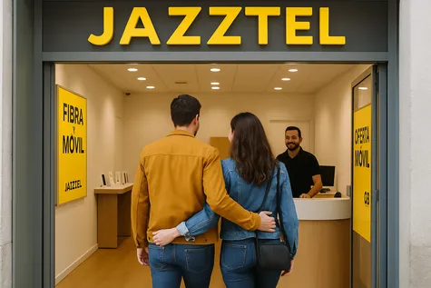 Pareja entrando juntos a una tienda Jazztel para contratar servicio de fibra y móvil, recibiendo atención del personal comercial

