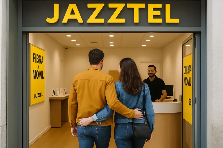 Pareja entrando juntos a una tienda Jazztel para contratar servicio de fibra y móvil, recibiendo atención del personal comercial

