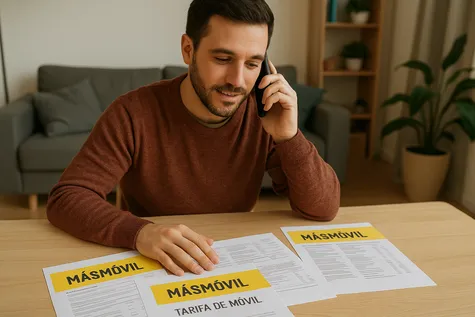 Hombre revisando hojas con información de tarifas de MásMóvil mientras habla por teléfono desde casa, simbolizando análisis de ofertas móviles.