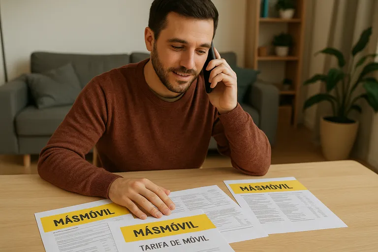Hombre revisando hojas con información de tarifas de MásMóvil mientras habla por teléfono desde casa, simbolizando análisis de ofertas móviles.