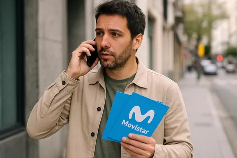 Hombre hablando por teléfono en la calle mientras sostiene folletos de Movistar, representando la contratación o consulta de tarifas móviles de la operadora