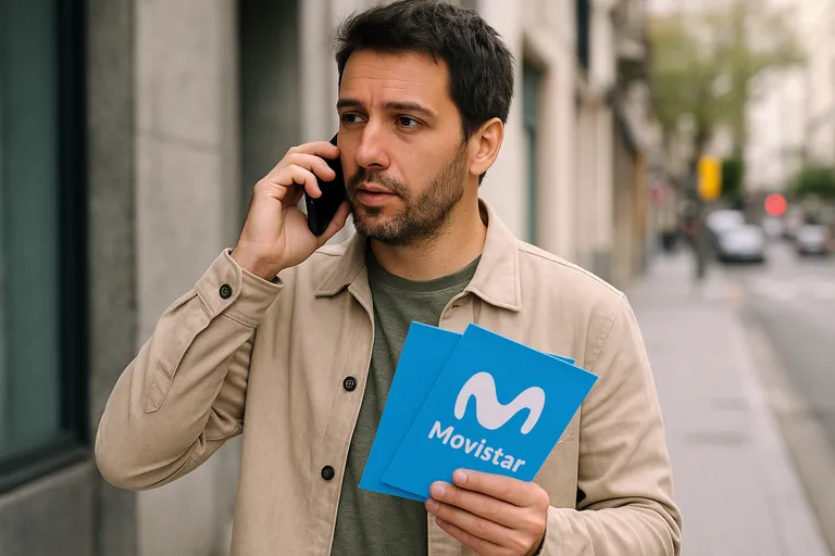 Hombre hablando por teléfono en la calle mientras sostiene folletos de Movistar, representando la contratación o consulta de tarifas móviles de la operadora