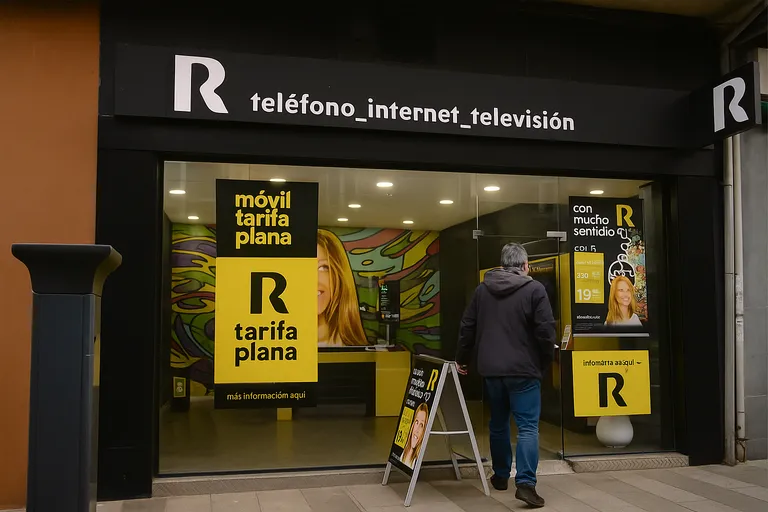 Hombre entrando a una tienda de Mundo R con carteles de promociones móviles visibles.