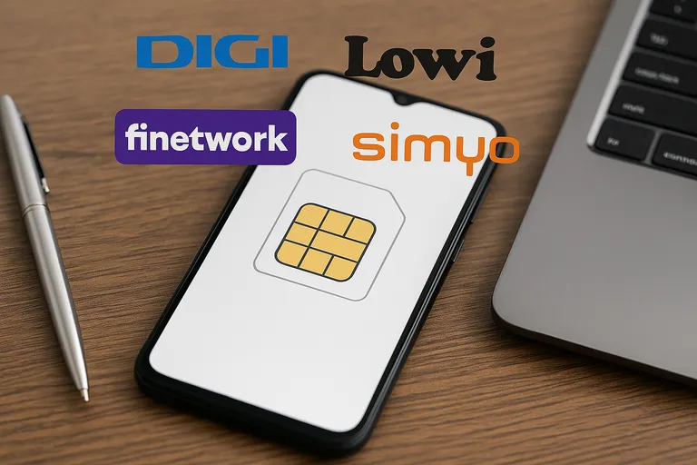 Logotipos de OMV como DIGI, Lowi, Finetwork y simyo flotando sobre un smartphone en una mesa de madera.