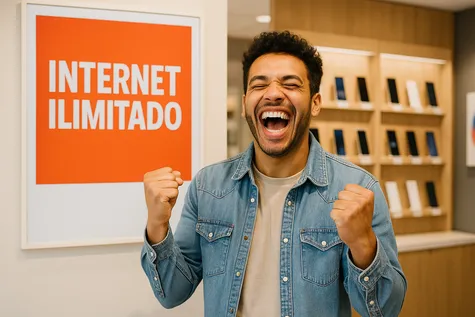 Hombre celebrando con entusiasmo frente a un cartel que anuncia internet ilimitado