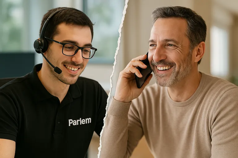 Agente de atención al cliente de Parlem conversando con un cliente sonriente por teléfono.