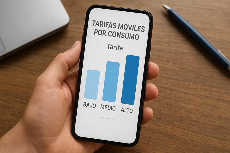 Mano sosteniendo smartphone con gráfico de tarifas móviles por consumo: bajo, medio y alto.