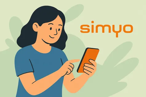 Mujer mirando su móvil con el logo de Simyo sobre fondo verde y estilo moderno minimalista.