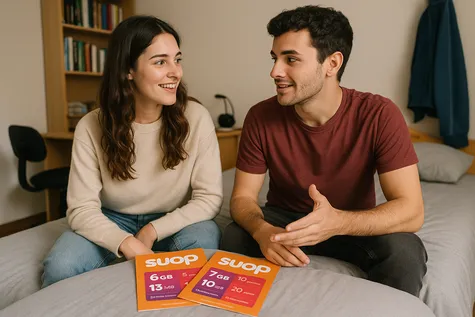 Pareja joven sentada en una cama comentando tarifas móviles de Suop.