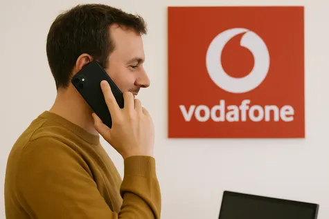 Hombre joven hablando por teléfono dentro de una oficina con el logotipo de Vodafone al fondo, simbolizando atención o contratación de tarifas móviles.
