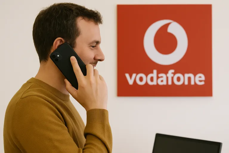 Hombre joven hablando por teléfono dentro de una oficina con el logotipo de Vodafone al fondo, simbolizando atención o contratación de tarifas móviles.
