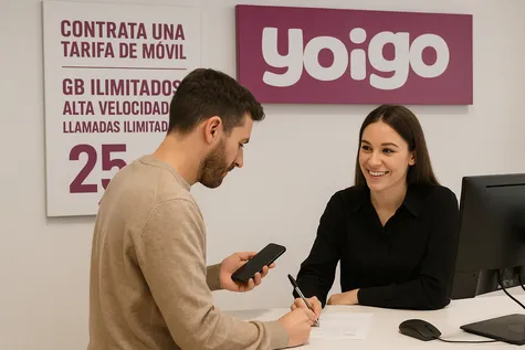 Cliente firmando contrato en tienda Yoigo acompañado de asesora sonriente, con carteles promocionales sobre tarifas móviles ilimitadas.