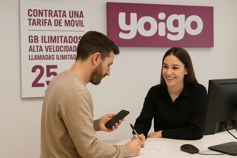 Cliente firmando contrato en tienda Yoigo acompañado de asesora sonriente, con carteles promocionales sobre tarifas móviles ilimitadas.