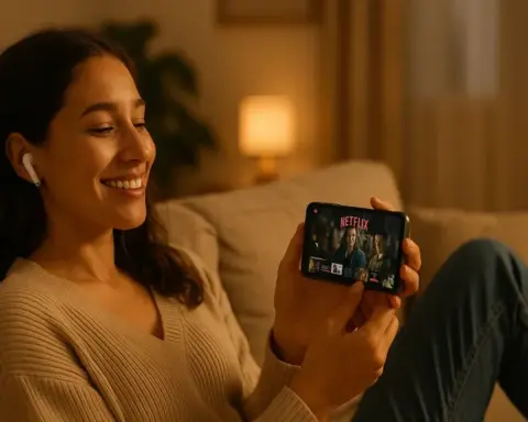 Mujer joven sonriendo mientras ve Netflix en su móvil desde el sofá de su casa, ilustrando una tarifa que combina datos y entretenimiento.