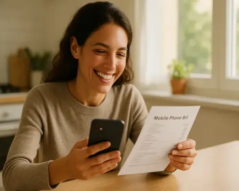 Mujer joven sonriendo con alivio en la mesa de su cocina al comparar su factura de móvil con la información de su smartphone, simbolizando el ahorro.