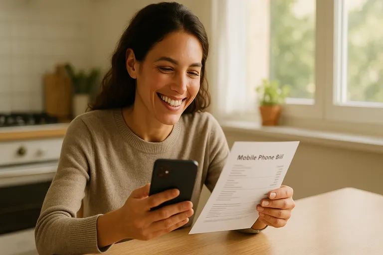 Mujer joven sonriendo con alivio en la mesa de su cocina al comparar su factura de móvil con la información de su smartphone, simbolizando el ahorro.