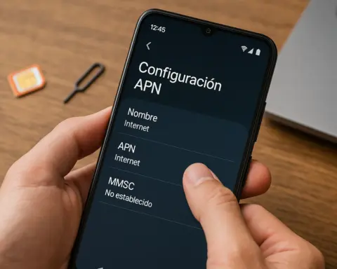 Persona configurando el APN en un teléfono móvil para establecer la conexión a Internet, con una tarjeta SIM y herramienta de extracción sobre una mesa.