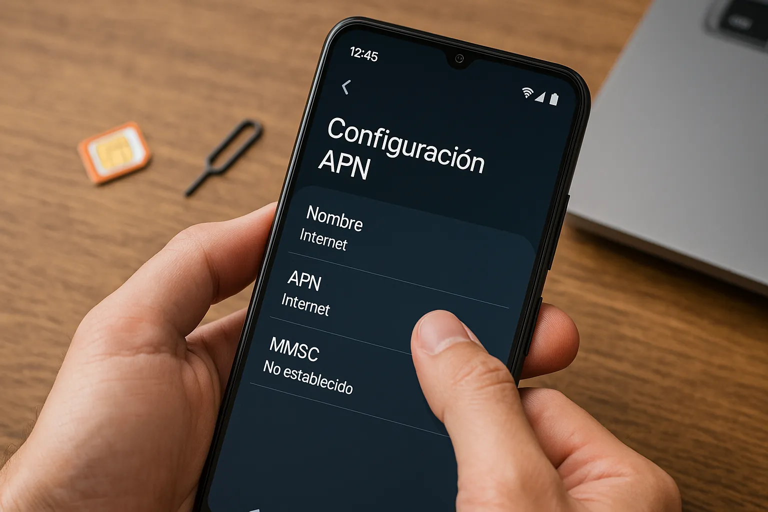 Persona configurando el APN en un teléfono móvil para establecer la conexión a Internet, con una tarjeta SIM y herramienta de extracción sobre una mesa.