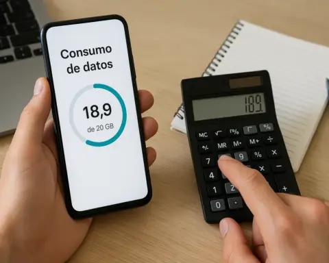Persona calculando el consumo de datos móviles en el teléfono con ayuda de una calculadora.