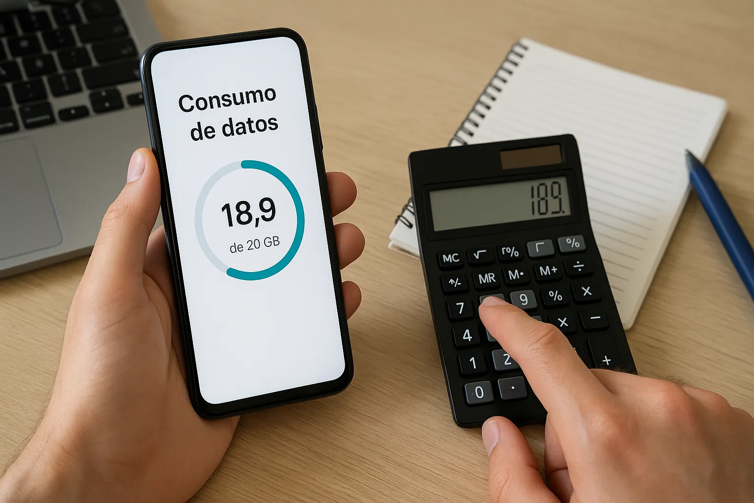 Persona calculando el consumo de datos móviles en el teléfono con ayuda de una calculadora.