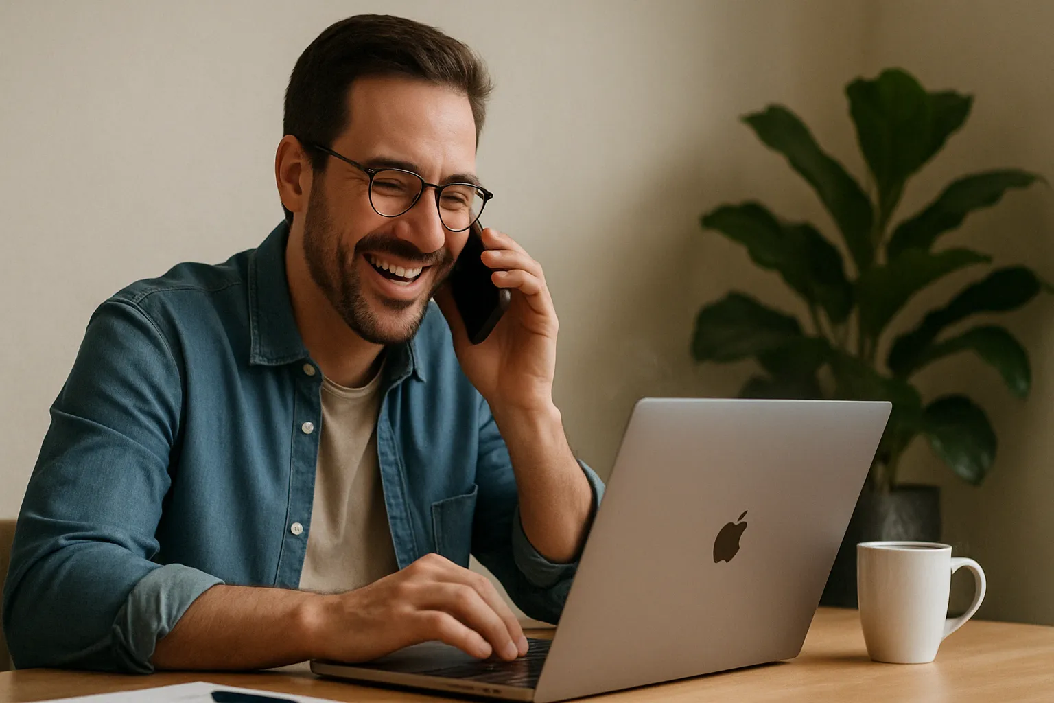 Hombre trabajando desde casa con tarifa móvil