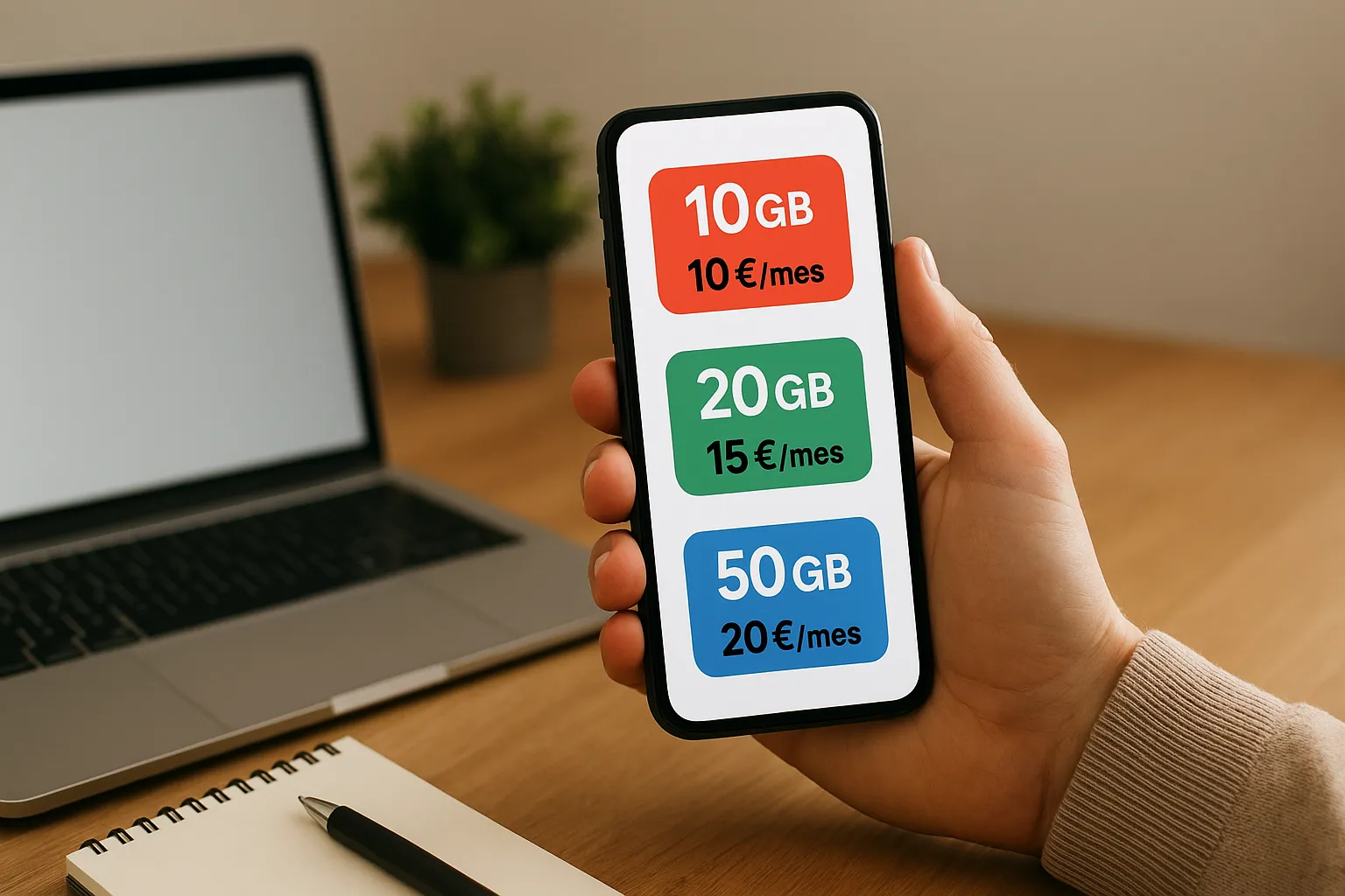 Mano sosteniendo smartphone con comparativa de tarifas móviles según gigas y precio mensual.