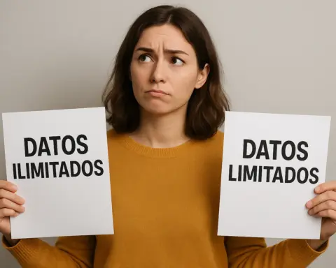 Mujer indecisa sosteniendo carteles con las opciones datos ilimitados y datos limitados