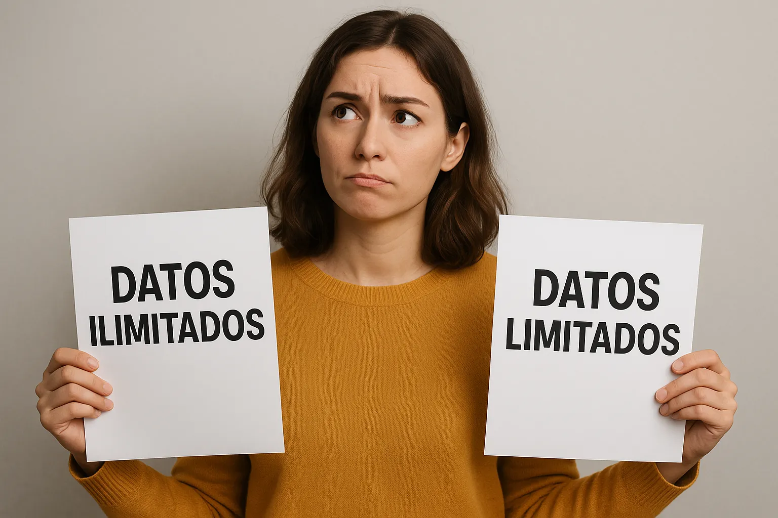 Mujer indecisa sosteniendo carteles con las opciones datos ilimitados y datos limitados
