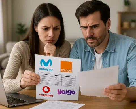 Pareja comparando tarifas de Movistar, Orange, Vodafone y Yoigo, mostrando gestos de preocupación mientras revisan documentos y una tabla comparativa de precios y servicios