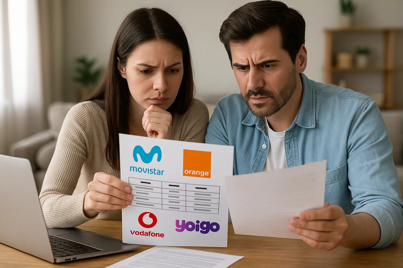 Pareja comparando tarifas de Movistar, Orange, Vodafone y Yoigo, mostrando gestos de preocupación mientras revisan documentos y una tabla comparativa de precios y servicios