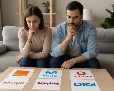 Pareja pensativa comparando operadores móviles como Orange, Movistar, Vodafone, Simyo, Pepephone y DIG