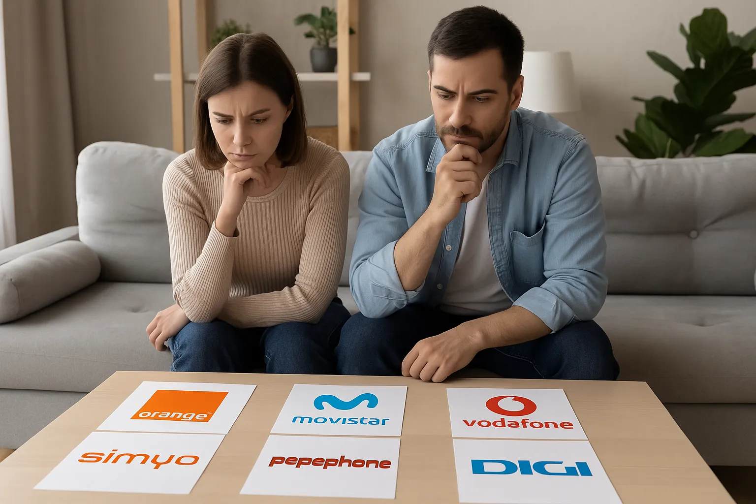Pareja pensativa comparando operadores móviles como Orange, Movistar, Vodafone, Simyo, Pepephone y DIG