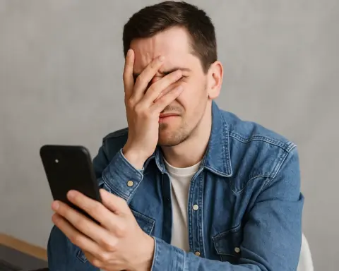 Hombre frustrado cubriéndose el rostro mientras mira su teléfono móvil, representando errores comunes al contratar una tarifa móvil.